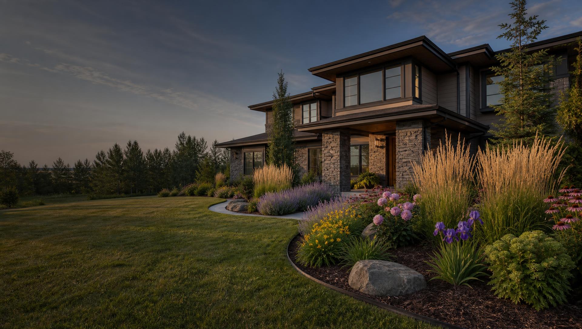Mature perennial garden with cedar mulch, natural stone and a well-kept lawn complementing a contemporary Edmonton area home